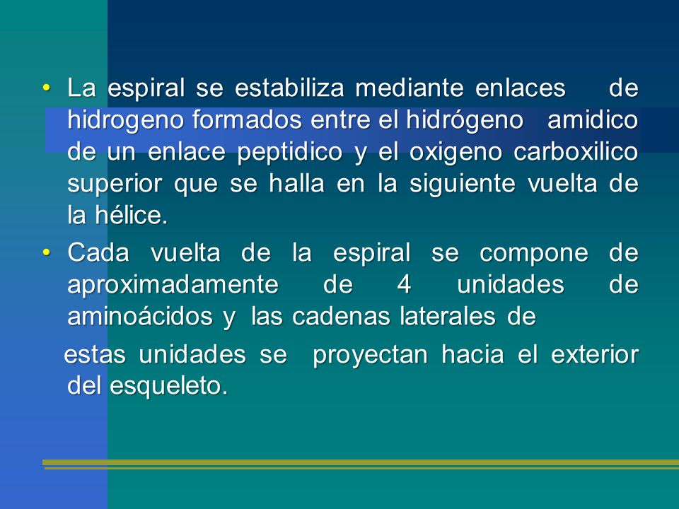 La espiral se estabiliza mediante enlaces de hidrogeno formados entre el hidrógeno amidico de un enlace peptidico y el oxigeno carboxilico superior que se halla en la siguiente vuelta de la hélice.