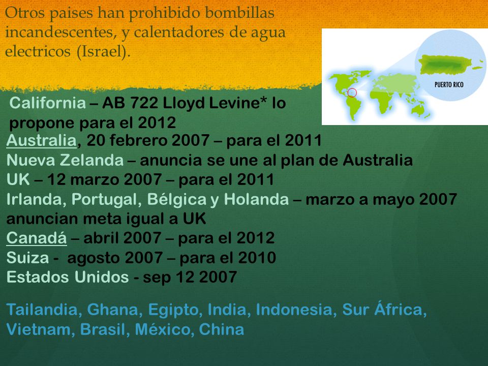 Otros paises han prohibido bombillas incandescentes, y calentadores de agua electricos (Israel).