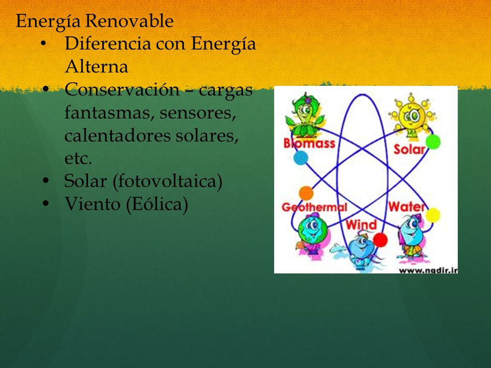 Energía Renovable Diferencia con Energía Alterna. Conservación – cargas fantasmas, sensores, calentadores solares, etc.