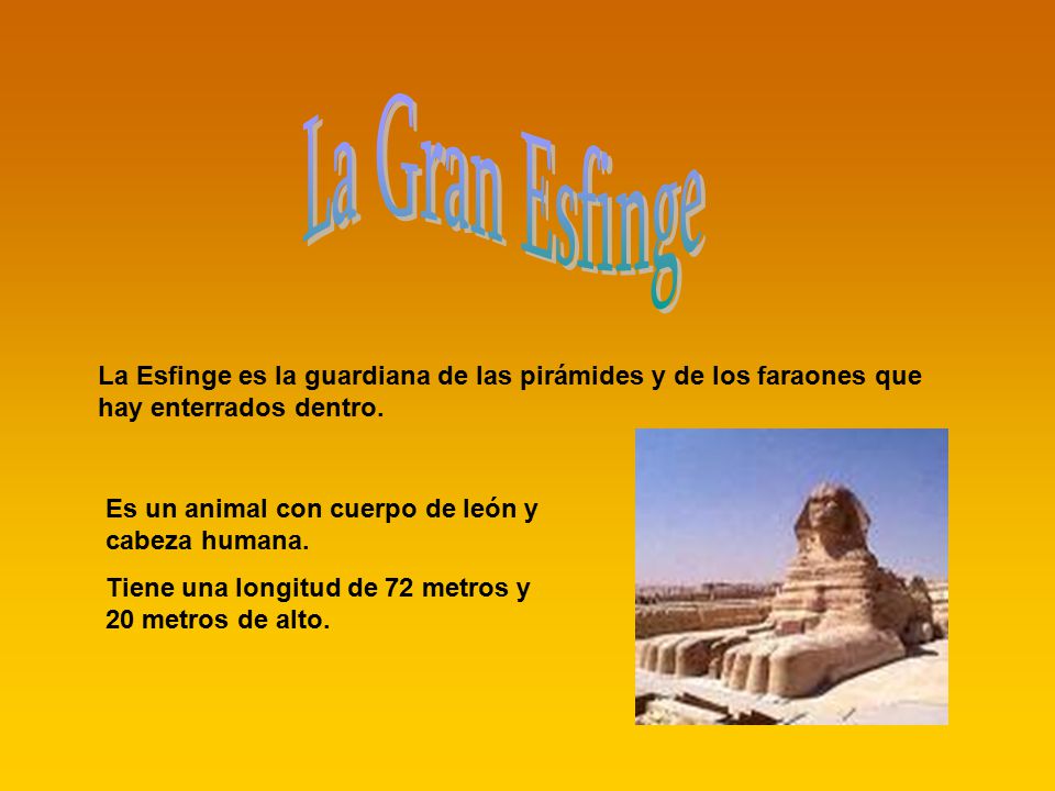 La Gran Esfinge La Esfinge es la guardiana de las pirámides y de los faraones que hay enterrados dentro.
