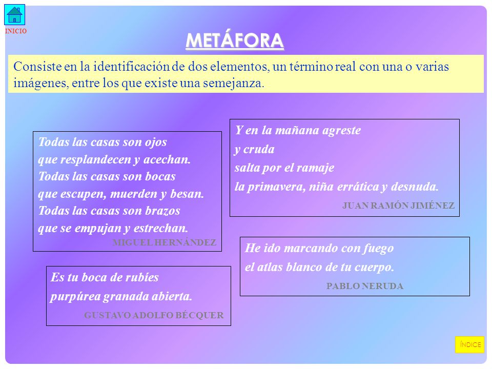INICIO METÁFORA. Consiste en la identificación de dos elementos, un término real con una o varias imágenes, entre los que existe una semejanza.