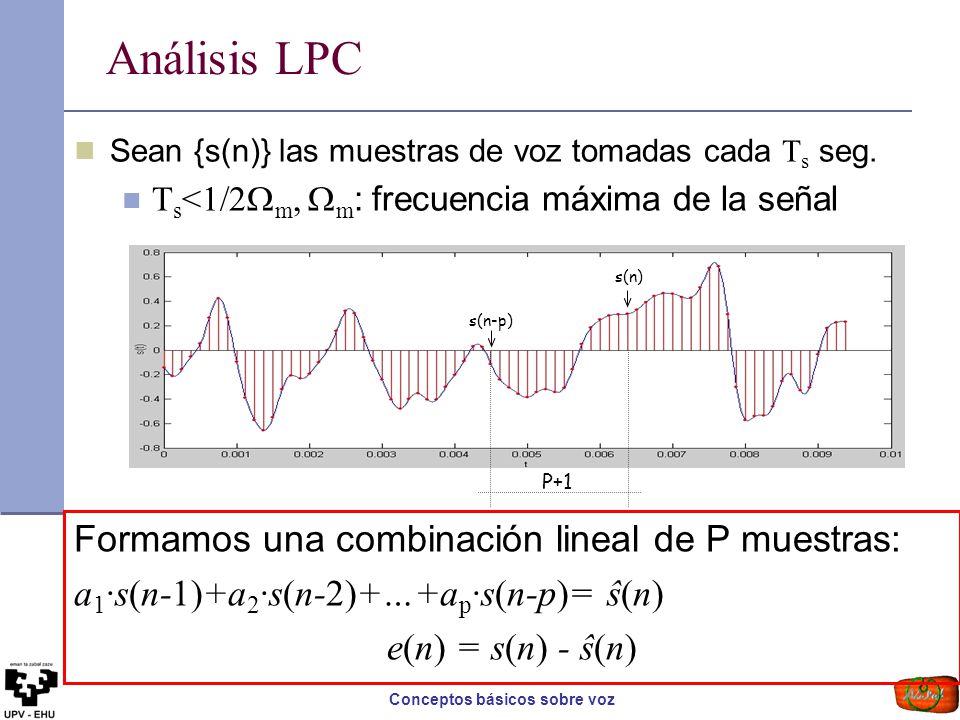Análisis LPC Formamos una combinación lineal de P muestras: