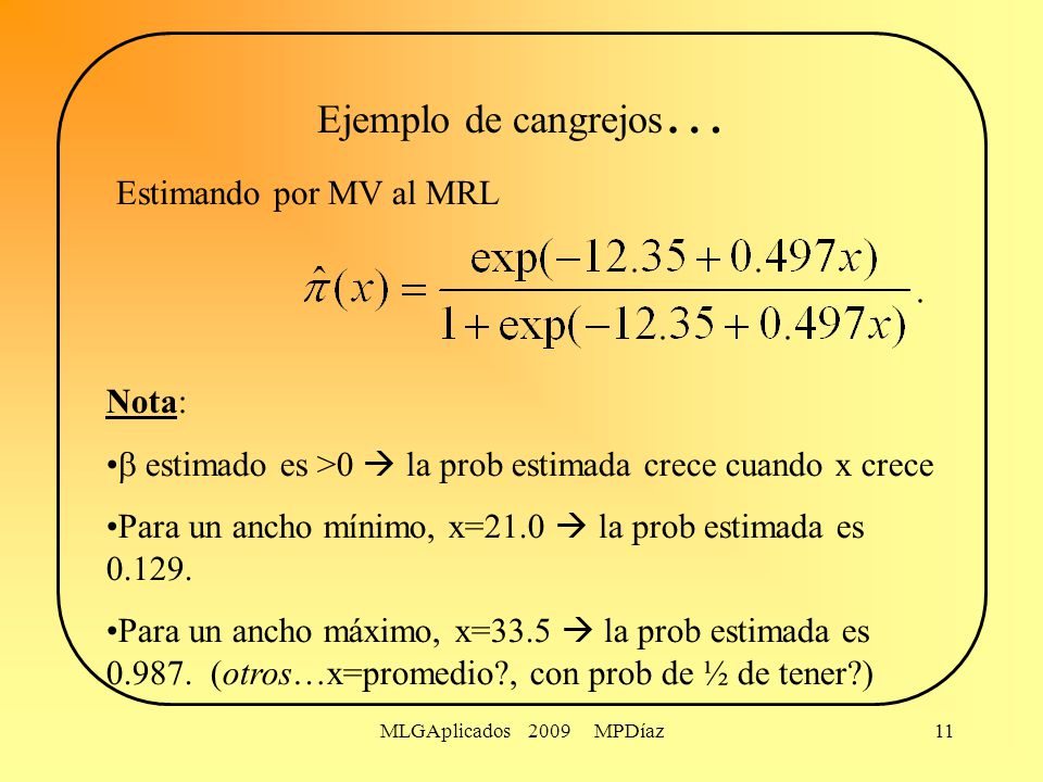Ejemplo de cangrejos… Estimando por MV al MRL Nota: