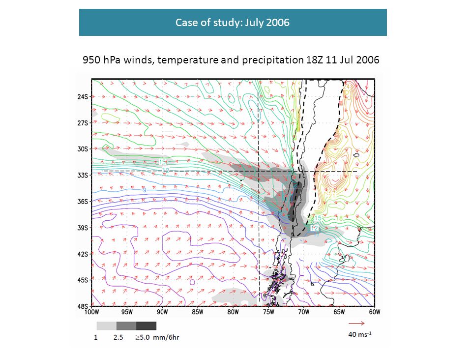 Case of study: July hPa winds, temperature and precipitation 18Z 11 Jul 2006