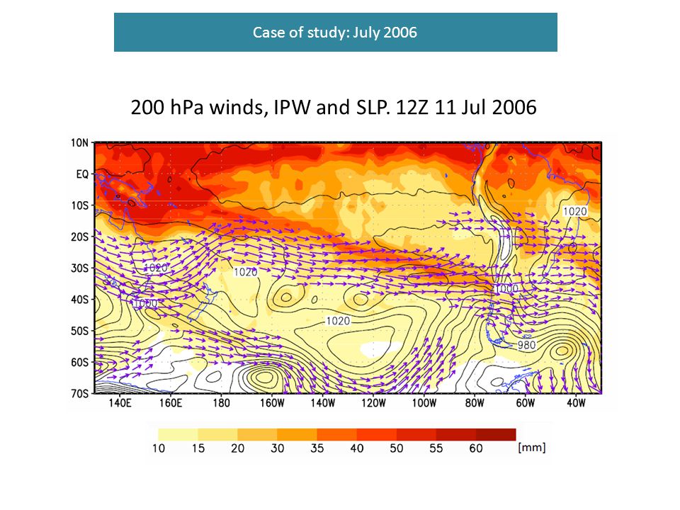 200 hPa winds, IPW and SLP. 12Z 11 Jul 2006