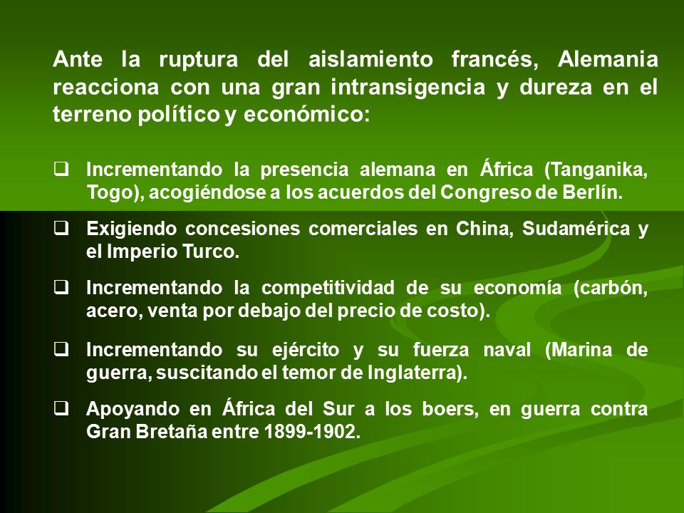 Ante la ruptura del aislamiento francés, Alemania reacciona con una gran intransigencia y dureza en el terreno político y económico:
