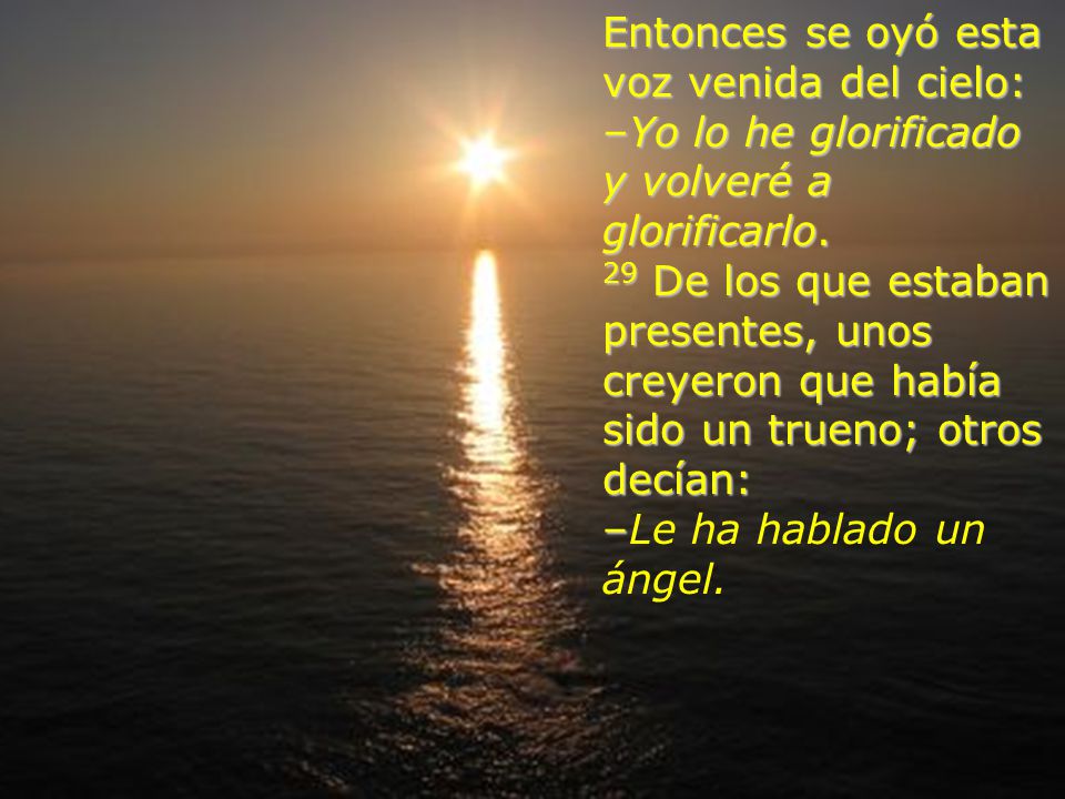 Entonces se oyó esta voz venida del cielo: –Yo lo he glorificado y volveré a glorificarlo. 29 De los que estaban presentes, unos creyeron que había sido un trueno; otros decían: