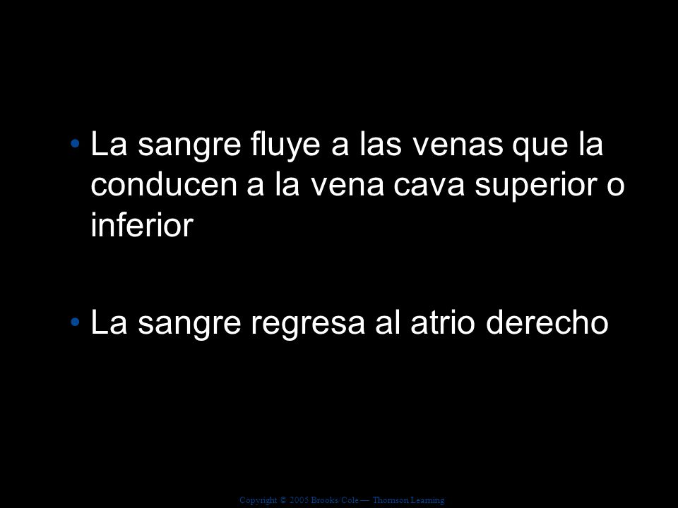 La sangre fluye a las venas que la conducen a la vena cava superior o inferior