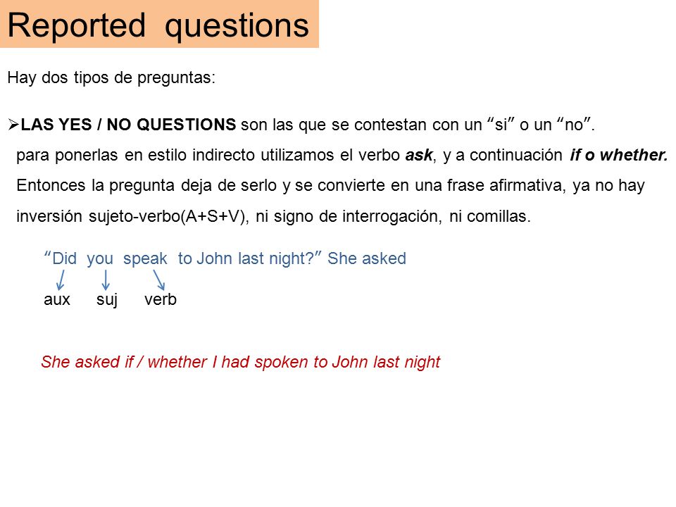 Reported questions Hay dos tipos de preguntas: