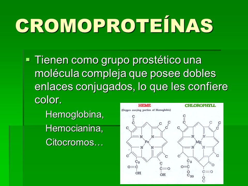 CROMOPROTEÍNAS Tienen como grupo prostético una molécula compleja que posee dobles enlaces conjugados, lo que les confiere color.