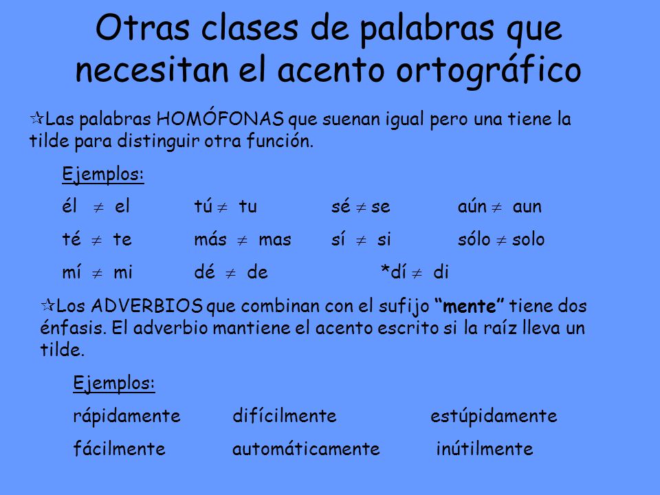 Otras clases de palabras que necesitan el acento ortográfico