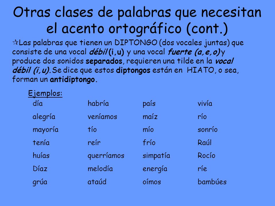 Otras clases de palabras que necesitan el acento ortográfico (cont.)