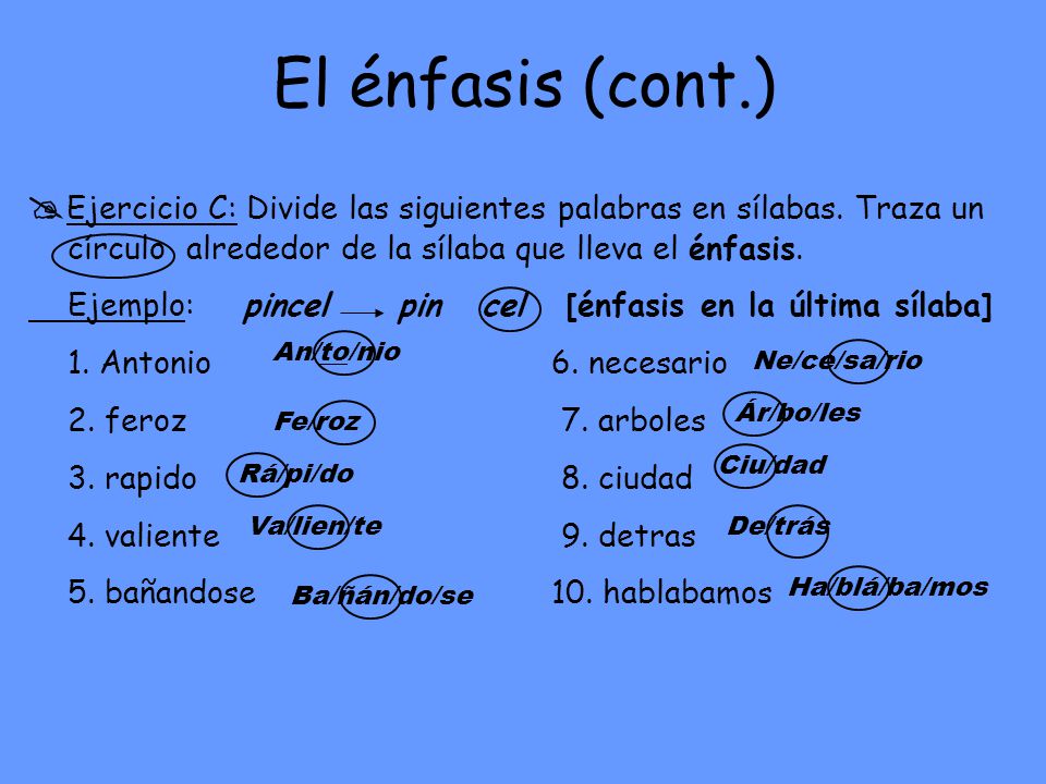 El énfasis (cont.) Ejercicio C: Divide las siguientes palabras en sílabas. Traza un círculo alrededor de la sílaba que lleva el énfasis.