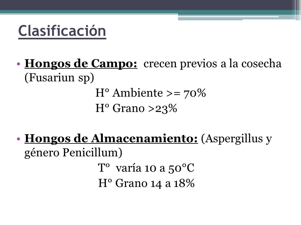 Clasificación Hongos de Campo: crecen previos a la cosecha (Fusariun sp) H° Ambiente >= 70% H° Grano >23%