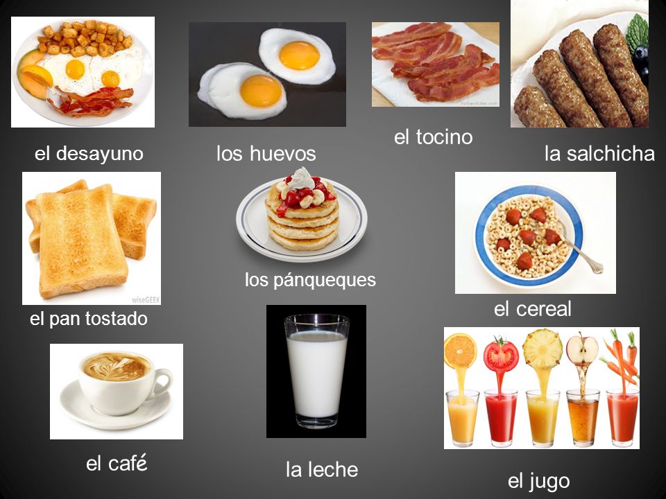 el tocino los huevos la salchicha el cereal el café la leche el jugo