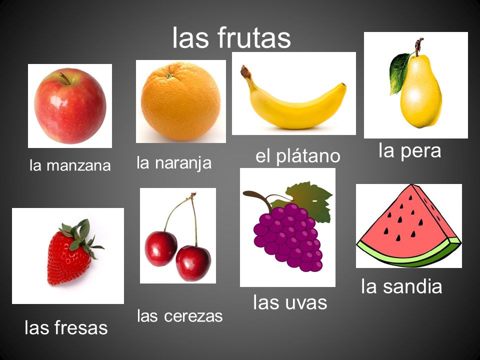 las frutas la pera la sandia las uvas el plátano las fresas la naranja