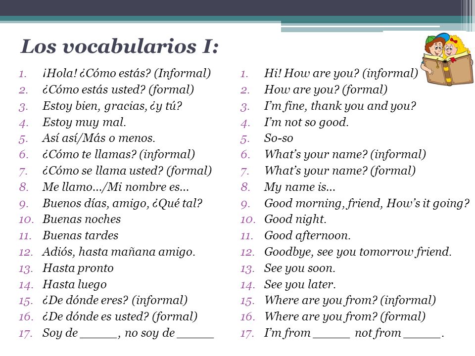 Los vocabularios I: ¡Hola! ¿Cómo estás (Informal)