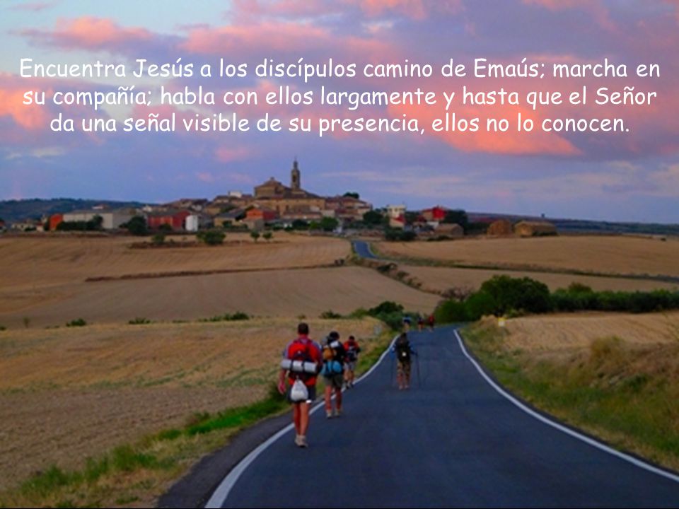 Encuentra Jesús a los discípulos camino de Emaús; marcha en su compañía; habla con ellos largamente y hasta que el Señor da una señal visible de su presencia, ellos no lo conocen.