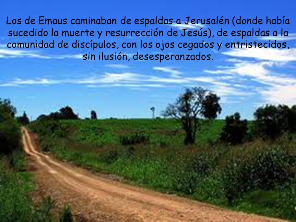 Los de Emaus caminaban de espaldas a Jerusalén (donde había sucedido la muerte y resurrección de Jesús), de espaldas a la comunidad de discípulos, con los ojos cegados y entristecidos, sin ilusión, desesperanzados.