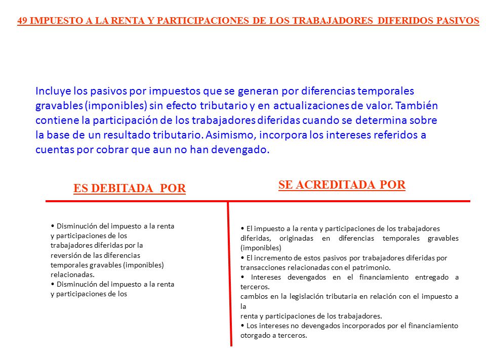 49 IMPUESTO A LA RENTA Y PARTICIPACIONES DE LOS TRABAJADORES DIFERIDOS PASIVOS