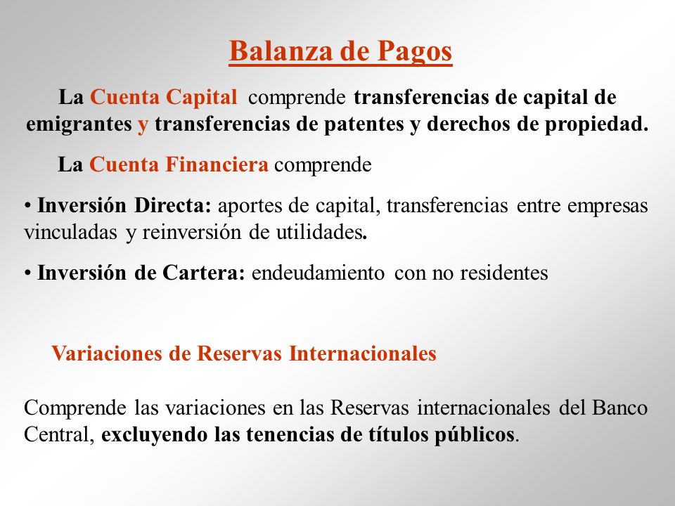 Balanza de Pagos La Cuenta Capital comprende transferencias de capital de emigrantes y transferencias de patentes y derechos de propiedad.