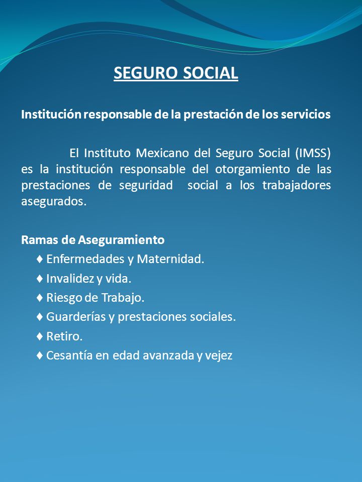 SEGURO SOCIAL Institución responsable de la prestación de los servicios.