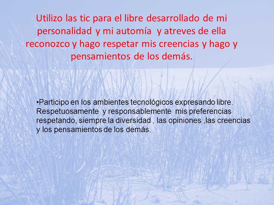 Utilizo las tic para el libre desarrollado de mi personalidad y mi automía y atreves de ella reconozco y hago respetar mis creencias y hago y pensamientos de los demás.