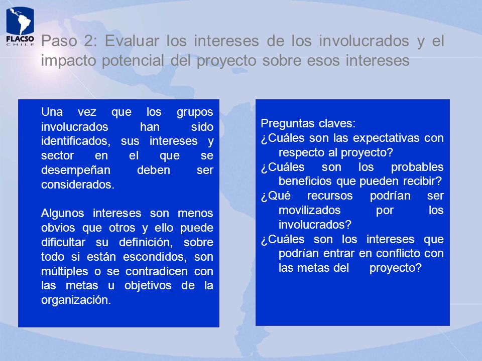 Paso 2: Evaluar los intereses de los involucrados y el impacto potencial del proyecto sobre esos intereses