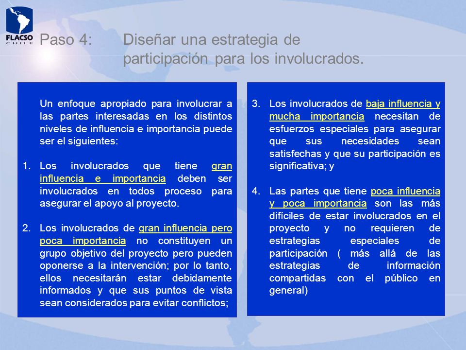 Paso 4: Diseñar una estrategia de participación para los involucrados.