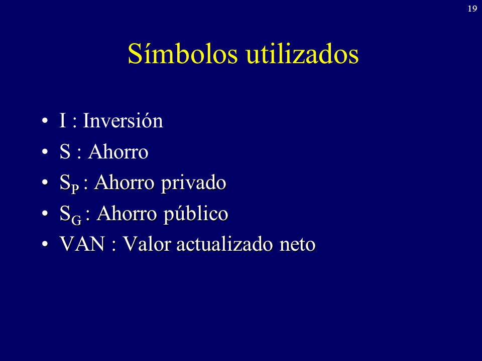 Símbolos utilizados I : Inversión S : Ahorro SP : Ahorro privado