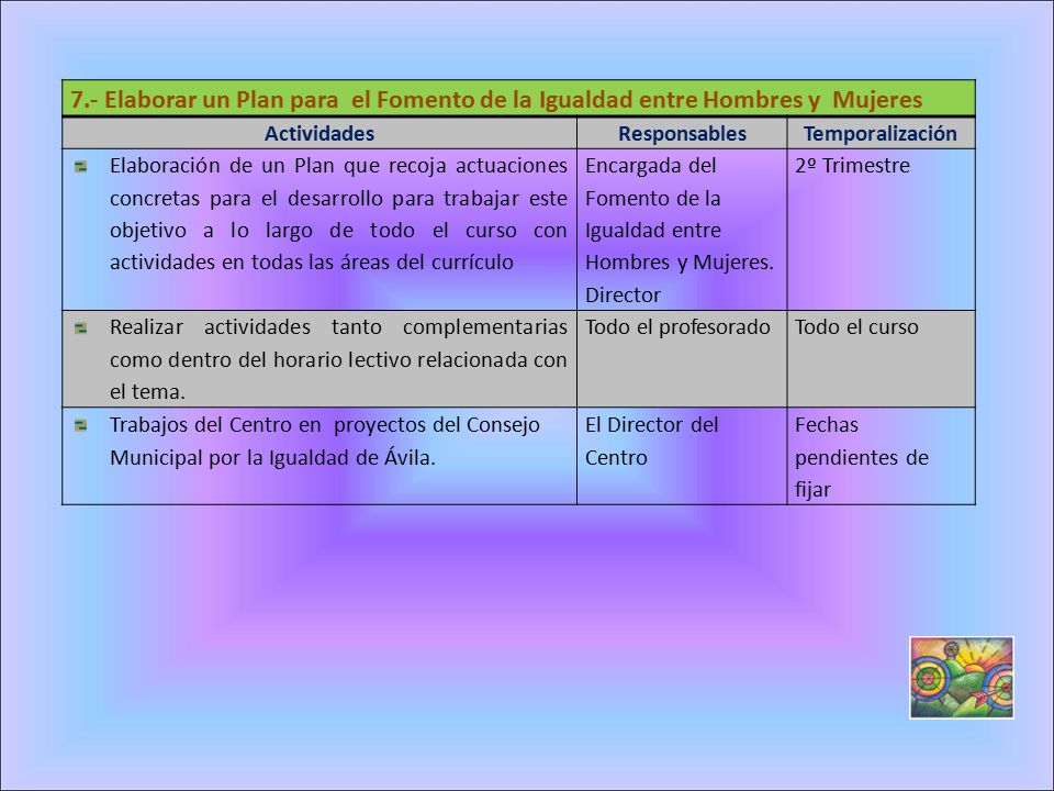 7.- Elaborar un Plan para el Fomento de la Igualdad entre Hombres y Mujeres