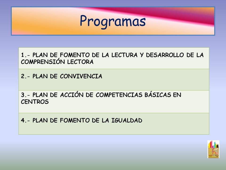 Programas 1.- PLAN DE FOMENTO DE LA LECTURA Y DESARROLLO DE LA COMPRENSIÓN LECTORA. 2.- PLAN DE CONVIVENCIA.