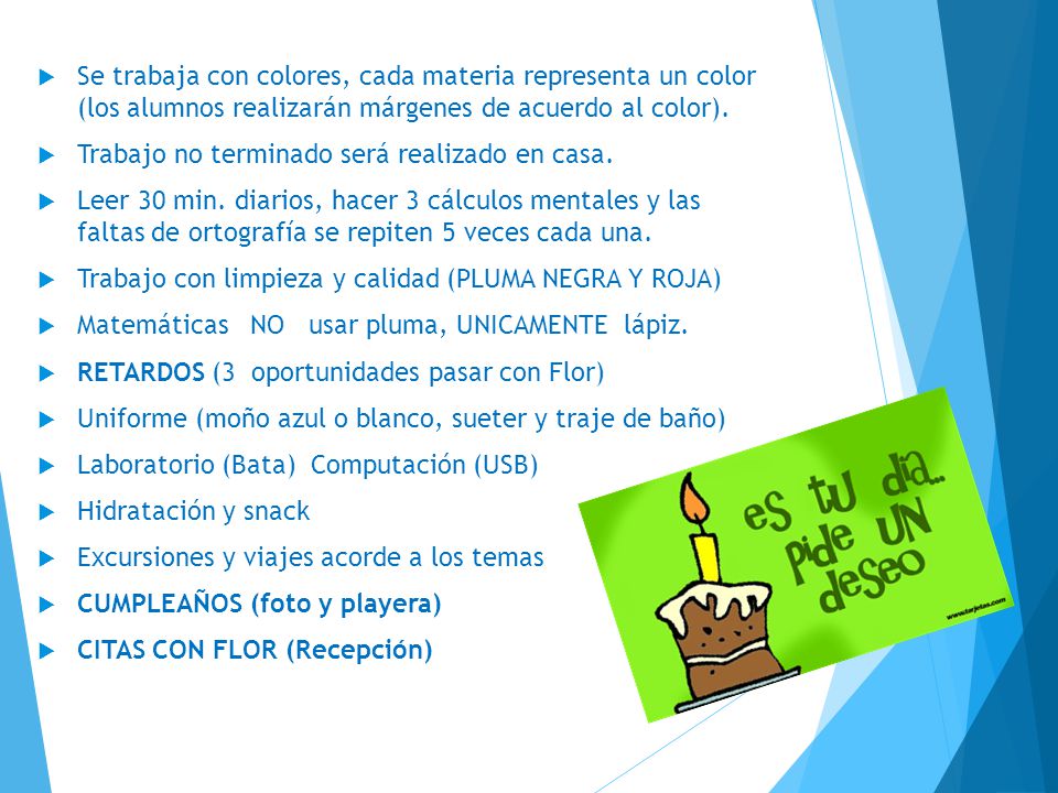 Se trabaja con colores, cada materia representa un color (los alumnos realizarán márgenes de acuerdo al color).
