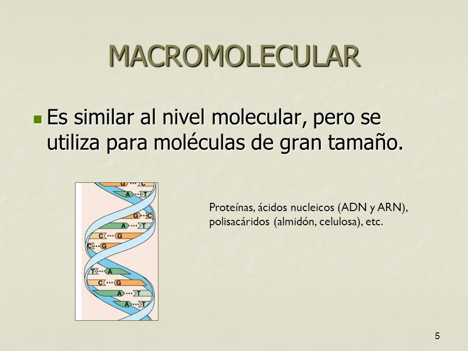 MACROMOLECULAR Es similar al nivel molecular, pero se utiliza para moléculas de gran tamaño.