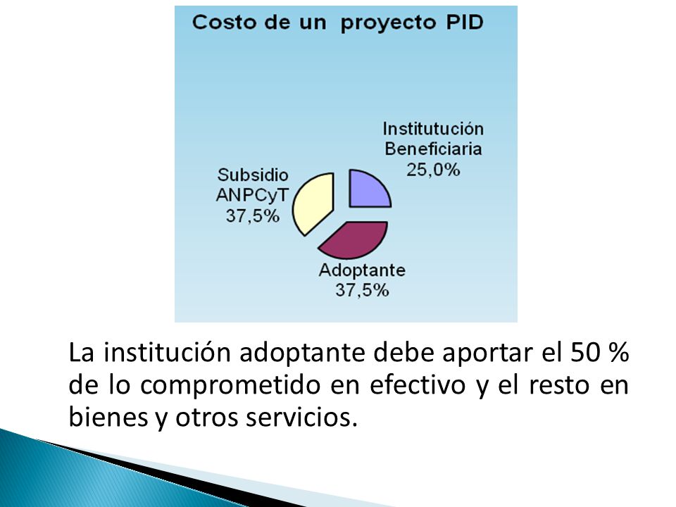 La institución adoptante debe aportar el 50 % de lo comprometido en efectivo y el resto en bienes y otros servicios.