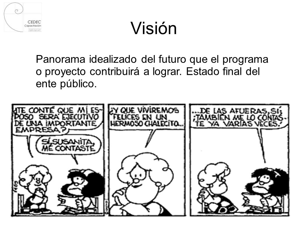 Visión Panorama idealizado del futuro que el programa o proyecto contribuirá a lograr.