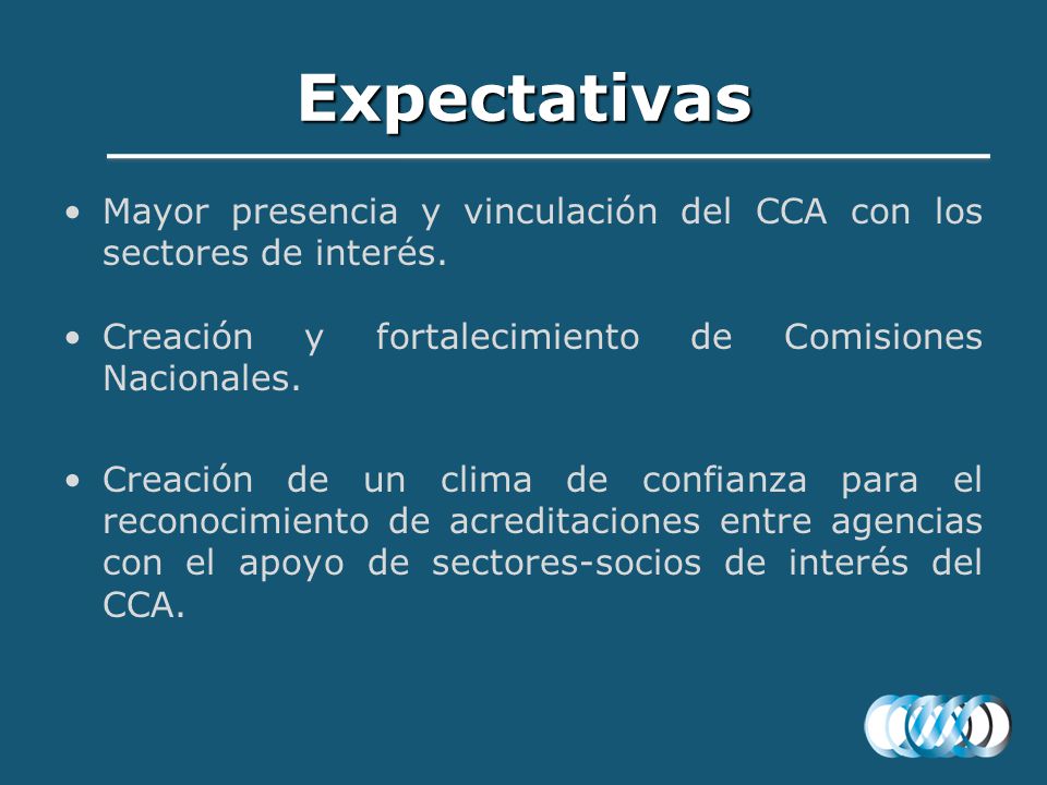 Expectativas Mayor presencia y vinculación del CCA con los sectores de interés. Creación y fortalecimiento de Comisiones Nacionales.