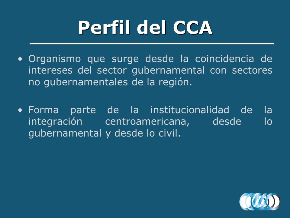 Perfil del CCA Organismo que surge desde la coincidencia de intereses del sector gubernamental con sectores no gubernamentales de la región.