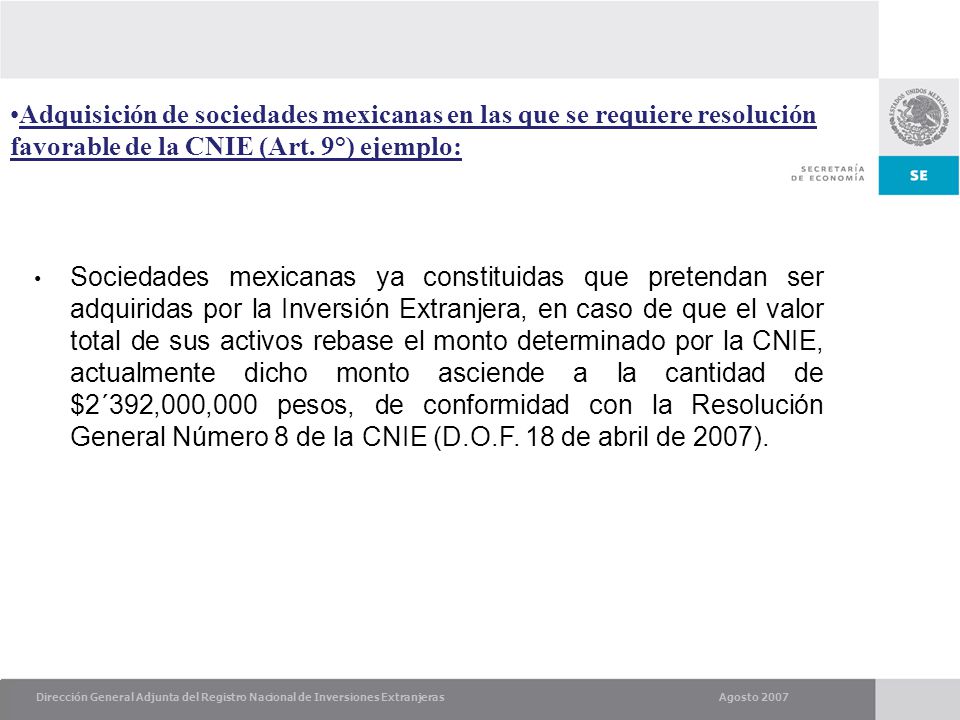Adquisición de sociedades mexicanas en las que se requiere resolución favorable de la CNIE (Art. 9°) ejemplo: