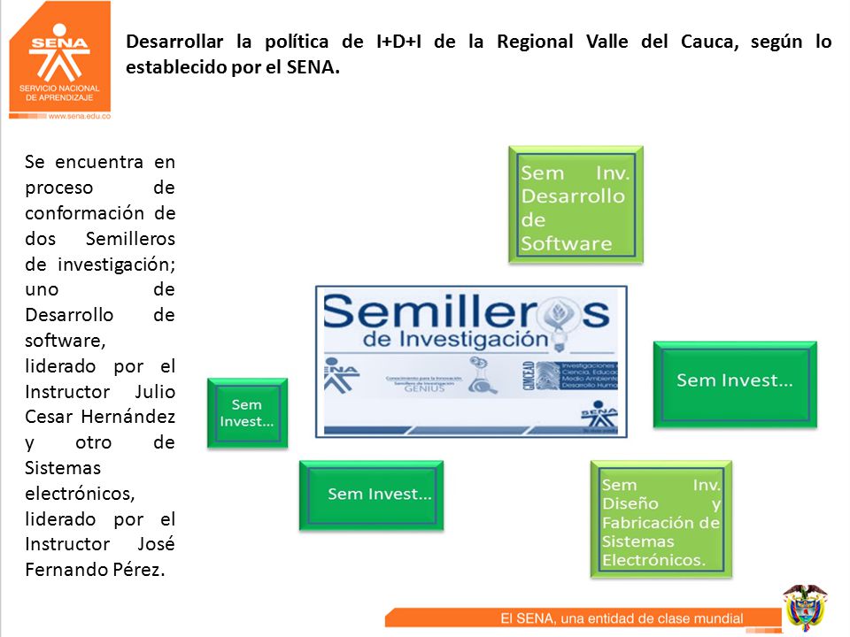 Desarrollar la política de I+D+I de la Regional Valle del Cauca, según lo establecido por el SENA.