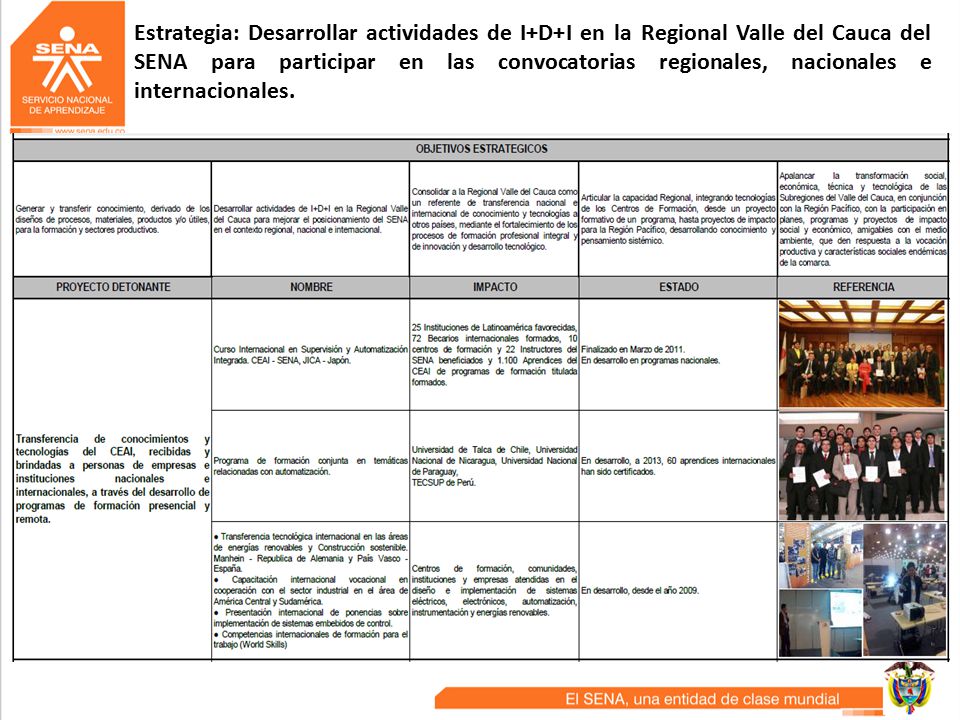 Estrategia: Desarrollar actividades de I+D+I en la Regional Valle del Cauca del SENA para participar en las convocatorias regionales, nacionales e internacionales.