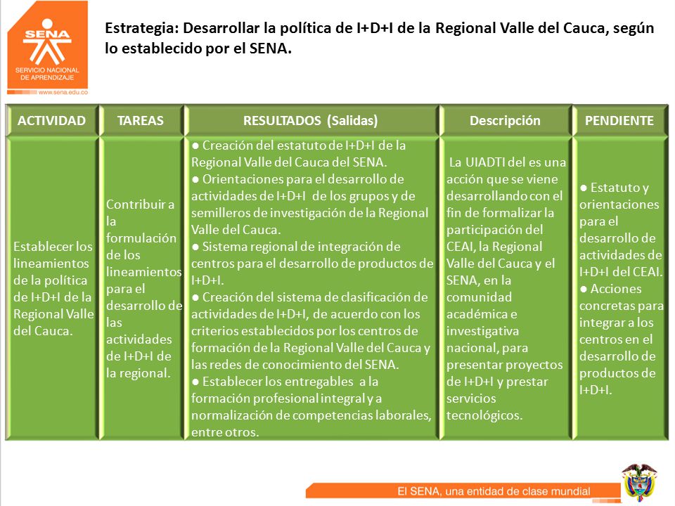 Estrategia: Desarrollar la política de I+D+I de la Regional Valle del Cauca, según lo establecido por el SENA.