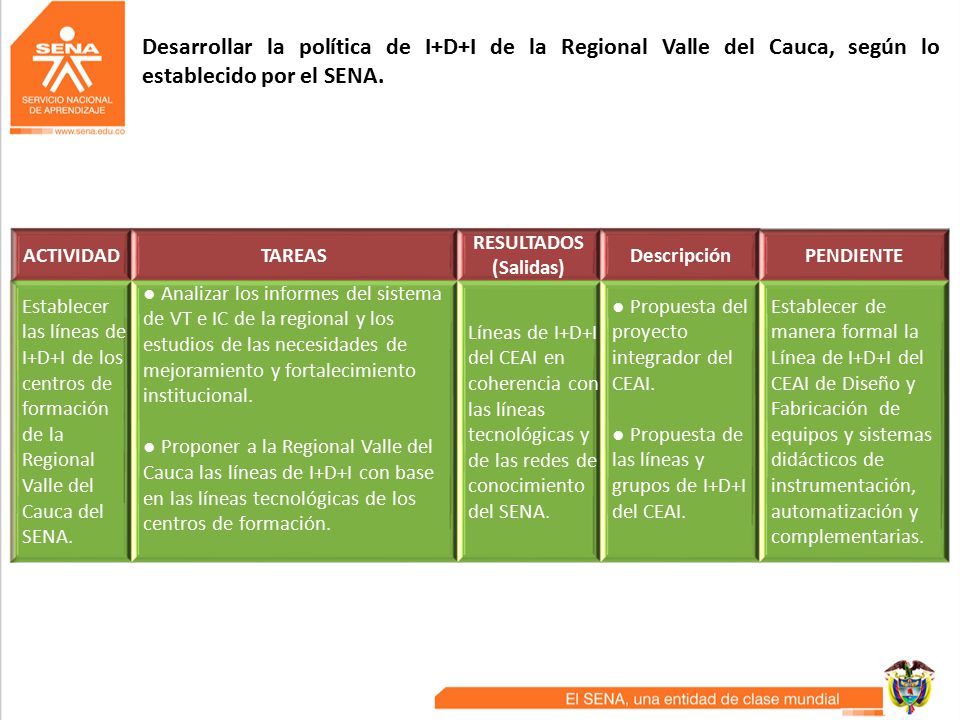 Desarrollar la política de I+D+I de la Regional Valle del Cauca, según lo establecido por el SENA.