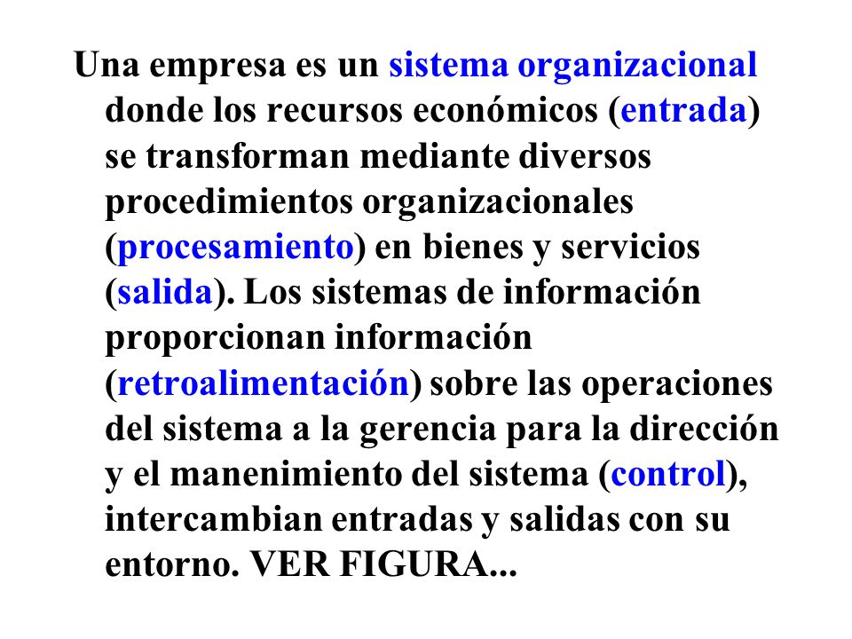 Una empresa es un sistema organizacional donde los recursos económicos (entrada) se transforman mediante diversos procedimientos organizacionales (procesamiento) en bienes y servicios (salida).