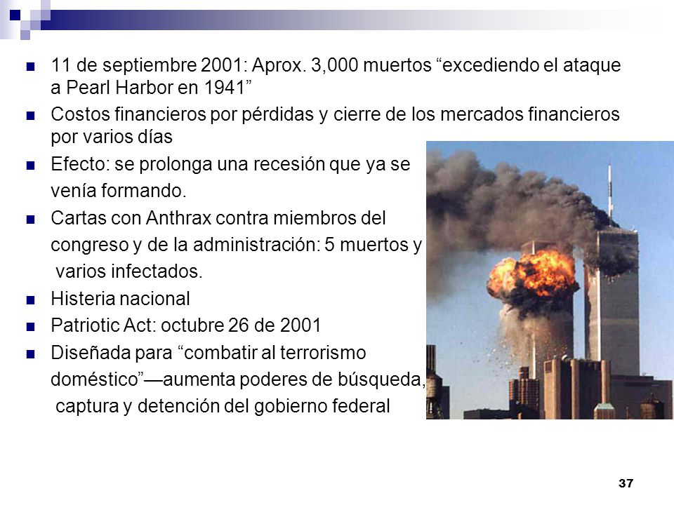 11 de septiembre 2001: Aprox. 3,000 muertos excediendo el ataque a Pearl Harbor en 1941