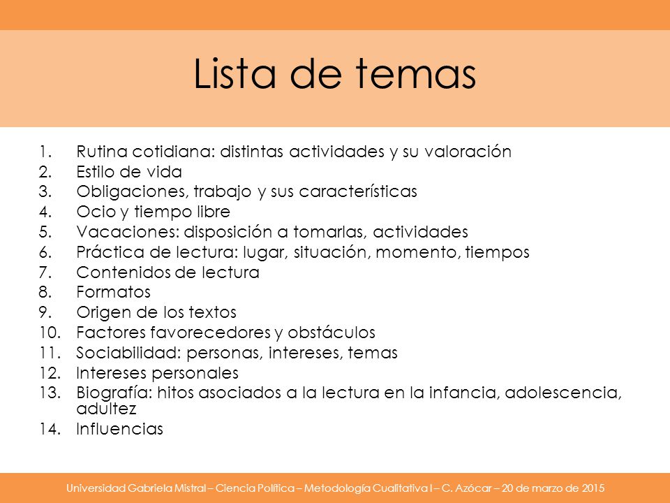 Lista de temas Rutina cotidiana: distintas actividades y su valoración