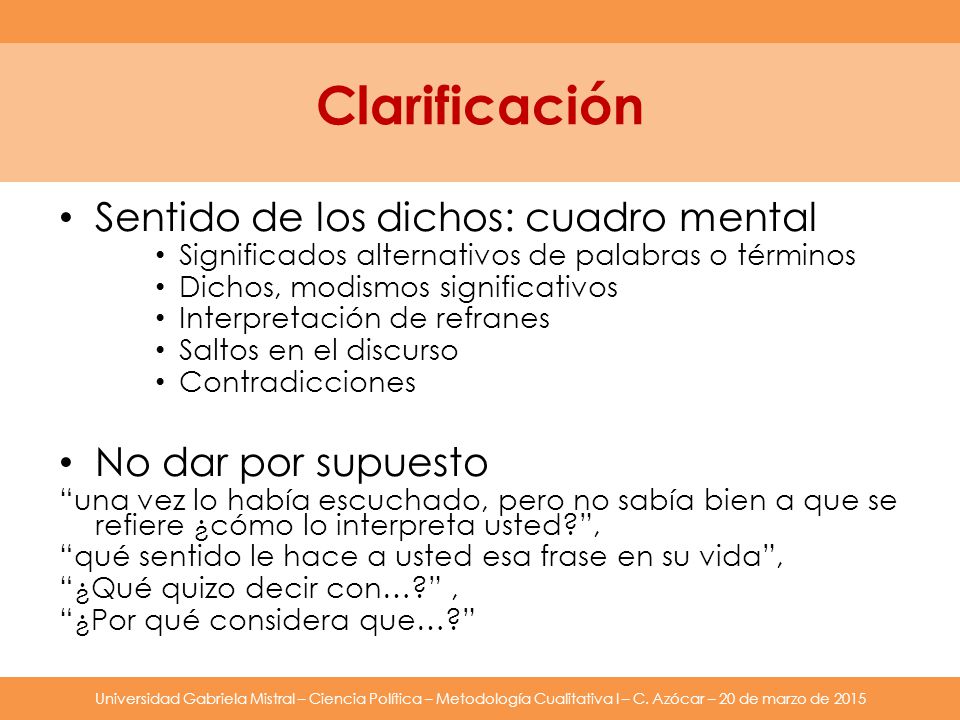 Clarificación Sentido de los dichos: cuadro mental No dar por supuesto