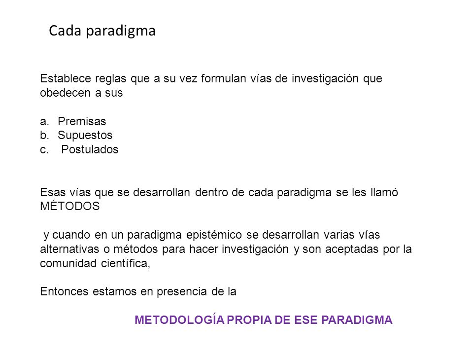 Cada paradigma Establece reglas que a su vez formulan vías de investigación que obedecen a sus. Premisas.