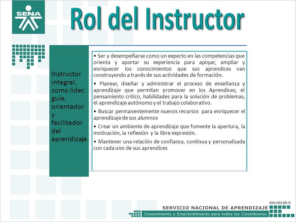 Rol del Instructor Instructor integral, como líder, guía, orientador y facilitador del aprendizaje.
