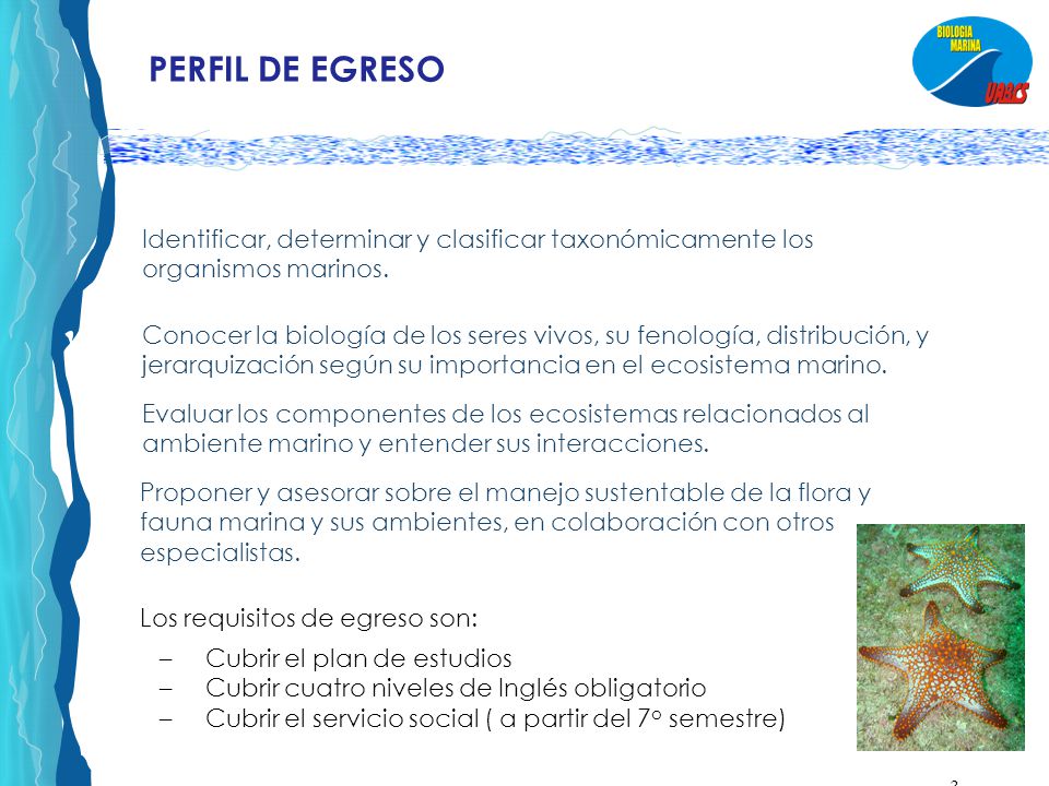 PERFIL DE EGRESO Identificar, determinar y clasificar taxonómicamente los organismos marinos.